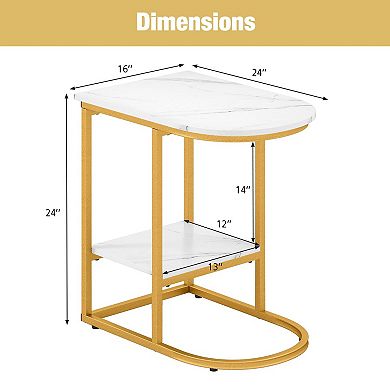 C-Shaped Sofa Side Table with Faux Marble Top and 2-Tier Storage Shelf for Living Room