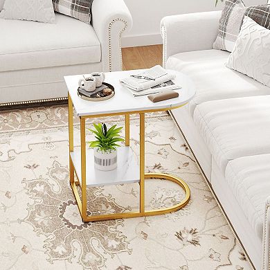 C-Shaped Sofa Side Table with Faux Marble Top and 2-Tier Storage Shelf for Living Room
