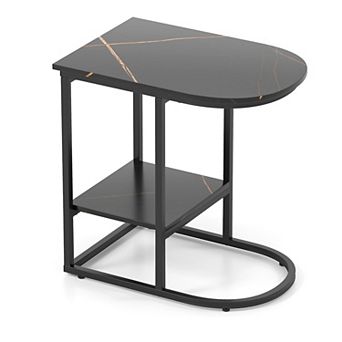 C-Shaped Sofa Side Table with Faux Marble Top and 2 tier Storage Shelf for Living Room