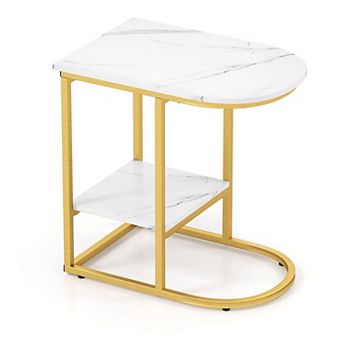 C-Shaped Sofa Side Table with Faux Marble Top and 2 tier Storage Shelf for Living Room