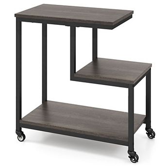 G-Shaped End Table with 3 tier Storage Shelves and Rolling Wheels for Living Room