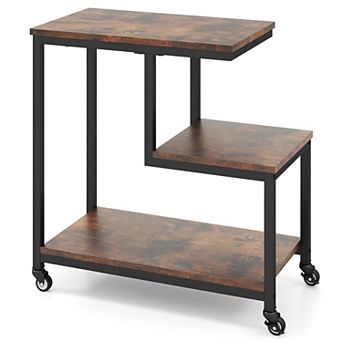 G-Shaped End Table with 3 tier Storage Shelves and Rolling Wheels for Living Room