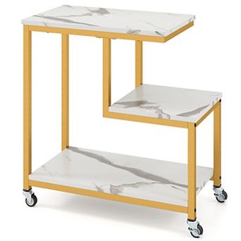 G-Shaped End Table with 3 tier Storage Shelves and Rolling Wheels for Living Room