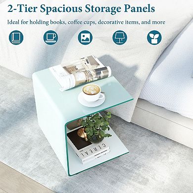 C-Shaped End Table with Tempered Glass Shelves and Lockable Rolling Wheels for Sofa and Bedside Use