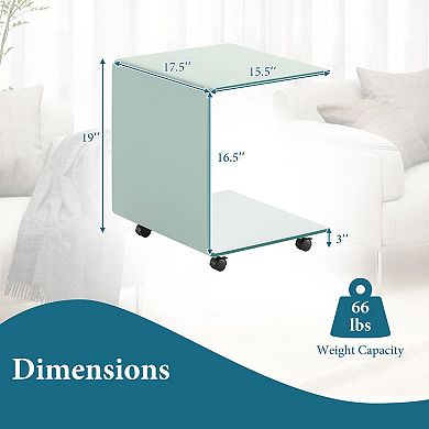 C-Shaped End Table with Tempered Glass Shelves and Lockable Rolling Wheels for Sofa and Bedside Use