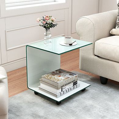 C-Shaped End Table with Tempered Glass Shelves and Lockable Rolling Wheels for Sofa and Bedside Use