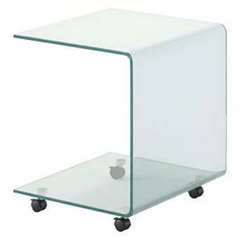 C-Shaped End Table with Tempered Glass Shelves and Lockable Rolling Wheels for Sofa and Bedside Use