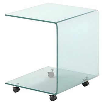 C-Shaped End Table with Tempered Glass Shelves and Lockable Rolling Wheels for Sofa and Bedside Use