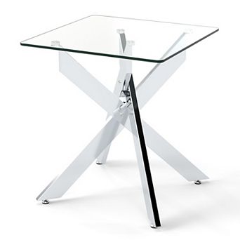 Square Tempered Glass Side Table with Metal Support Frame for Modern Home Décor
