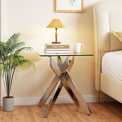 Square Tempered Glass Side Table with Metal Support Frame for Modern Home Décor