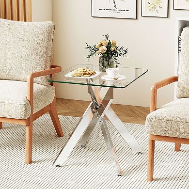 Square Tempered Glass Side Table with Metal Support Frame for Modern Home Décor