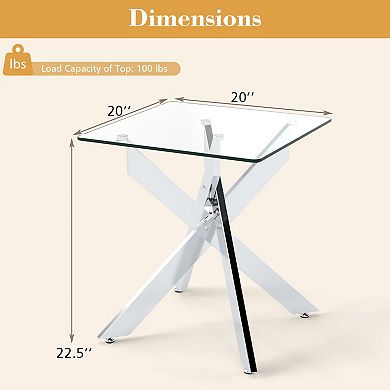 Square Tempered Glass Side Table with Metal Support Frame for Modern Home Décor