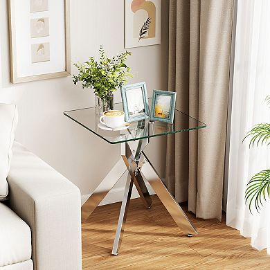 Square Tempered Glass Side Table with Metal Support Frame for Modern Home Décor
