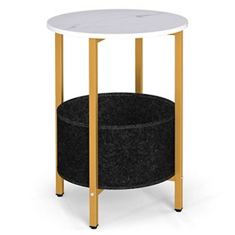 2 tier End Table with Felt Storage Basket for Blankets, Books, and Home Essentials