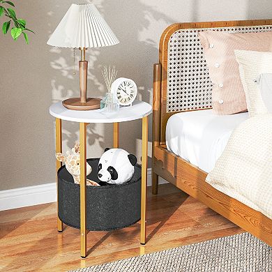 2-Tier End Table with Felt Storage Basket for Blankets, Books, and Home Essentials