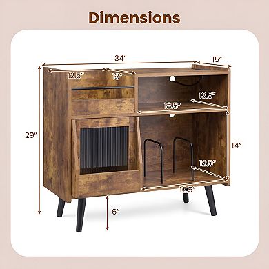 Vinyl Record Player Stand with Sliding Glass Door, LED Lighting, Turntable Storage Cabinet