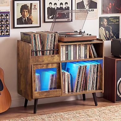 Vinyl Record Player Stand with Sliding Glass Door, LED Lighting, Turntable Storage Cabinet