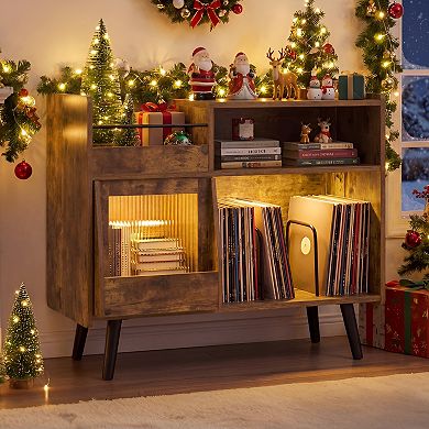 Vinyl Record Player Stand with Sliding Glass Door, LED Lighting, Turntable Storage Cabinet