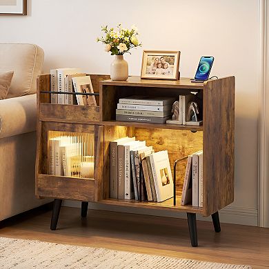 Vinyl Record Player Stand with Sliding Glass Door, LED Lighting, Turntable Storage Cabinet