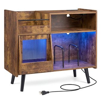 Vinyl Record Player Stand with Sliding Glass Door, LED Lighting, Turntable Storage Cabinet