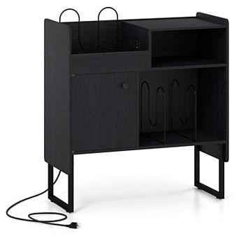 Vinyl Record Storage Cabinet with Charging Station and Open Shelves