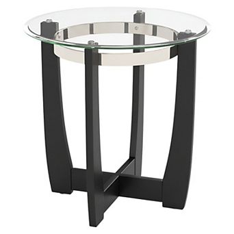 Modern Round Side Table with Tempered Glass Top and Cross Wood Support Base for Living Room