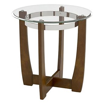 Modern Round Side Table with Tempered Glass Top and Cross Wood Support Base for Living Room