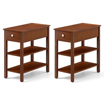 Set of 2 Narrow End Tables with 3 tier Storage Shelves and Drawer for Bedroom and Living Room