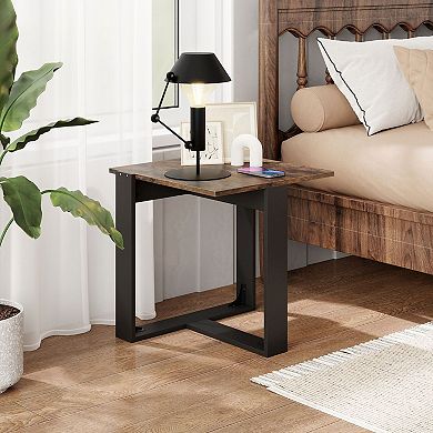 Square Sofa Side Table with Wood Top and Metal Base for Living Room