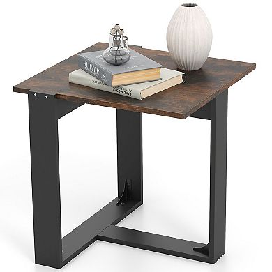 Square Sofa Side Table with Wood Top and Metal Base for Living Room