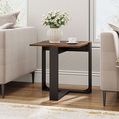 Square Sofa Side Table with Wood Top and Metal Base for Living Room