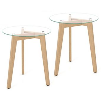Minimalist Round Glass Coffee End Table with Wood Base for Living Room and Bedroom Use