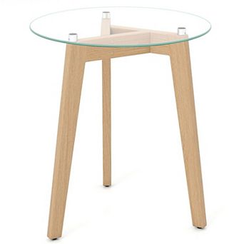 Minimalist Round Glass Coffee End Table with Wood Base for Living Room and Bedroom Use