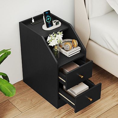 Side Table with Charging Station and Drawers for Bedroom or Living Room