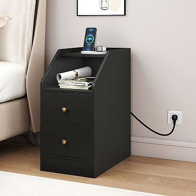 Side Table with Charging Station and Drawers for Bedroom or Living Room