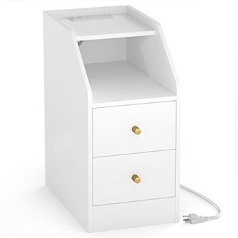 Side Table with Charging Station and Drawers for Bedroom or Living Room
