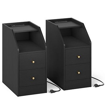 Set of 2 Side Table with Charging Station Drawers and Cable Management Hole