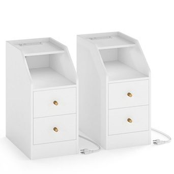 Set of 2 Side Table with Charging Station Drawers and Cable Management Hole