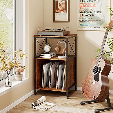 Rolling Turntable Stand with USB Outlet and Record Storage Organizer