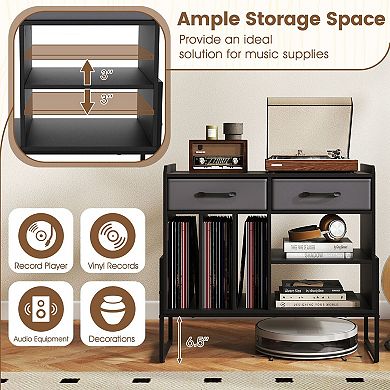 Media Console Table for Record Player with AC Outlets and LP Storage