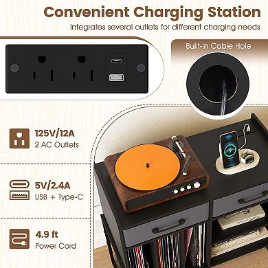 Media Console Table for Record Player with AC Outlets and LP Storage
