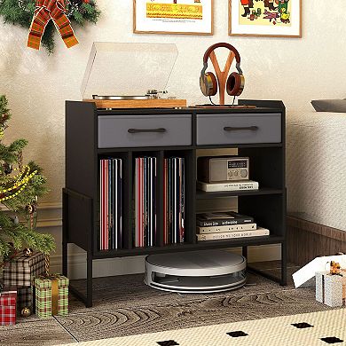 Media Console Table for Record Player with AC Outlets and LP Storage