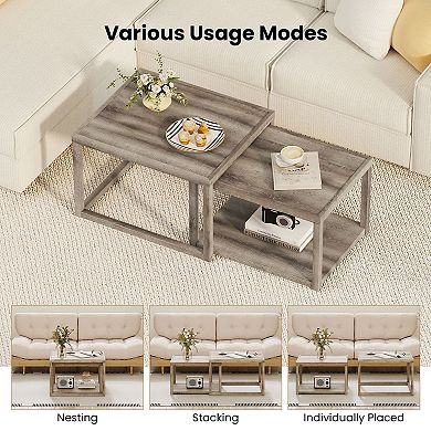Set of 2 Nesting Coffee Tables with Rectangular Design and Lower Shelf Storage for Living Room