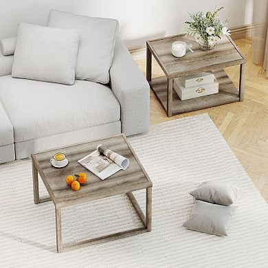 Set of 2 Nesting Coffee Tables with Rectangular Design and Lower Shelf Storage for Living Room