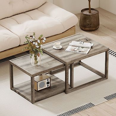 Set of 2 Nesting Coffee Tables with Rectangular Design and Lower Shelf Storage for Living Room
