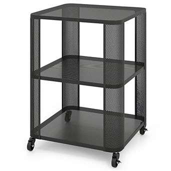3 tier Rolling End Table with Metal Mesh Shelves and Lockable Wheels For Living Room