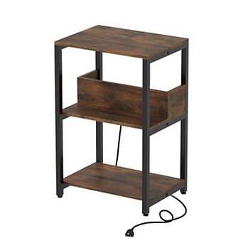 Nightstand with Charging Station and Open Shelves Rustic Brown End Table