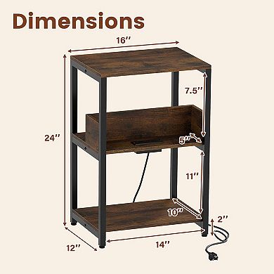 Nightstand with Charging Station and Open Shelves Rustic Brown End Table
