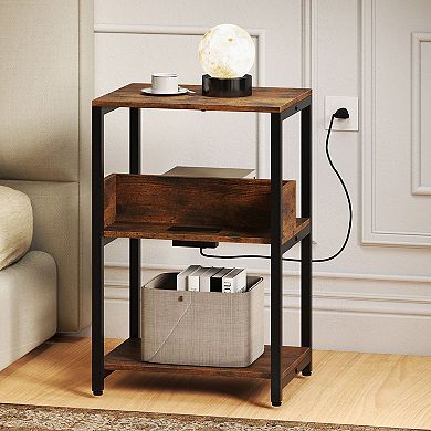 Nightstand with Charging Station and Open Shelves Rustic Brown End Table