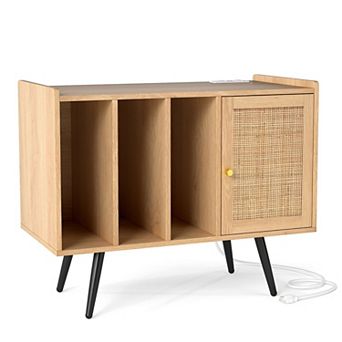 Boho Record Storage Stand with Charging Ports and Rattan Cabinet Door
